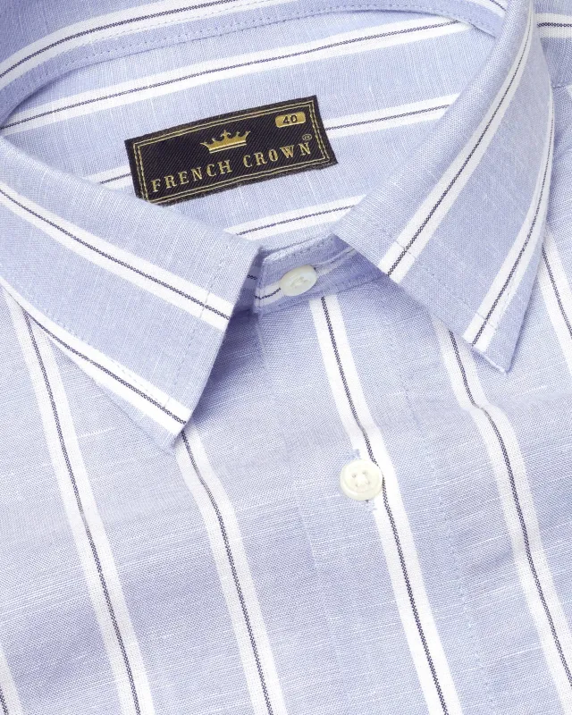 Mercury Blue with White Vertical Striped Twill Premium Cotton Shirt sold by French Crown