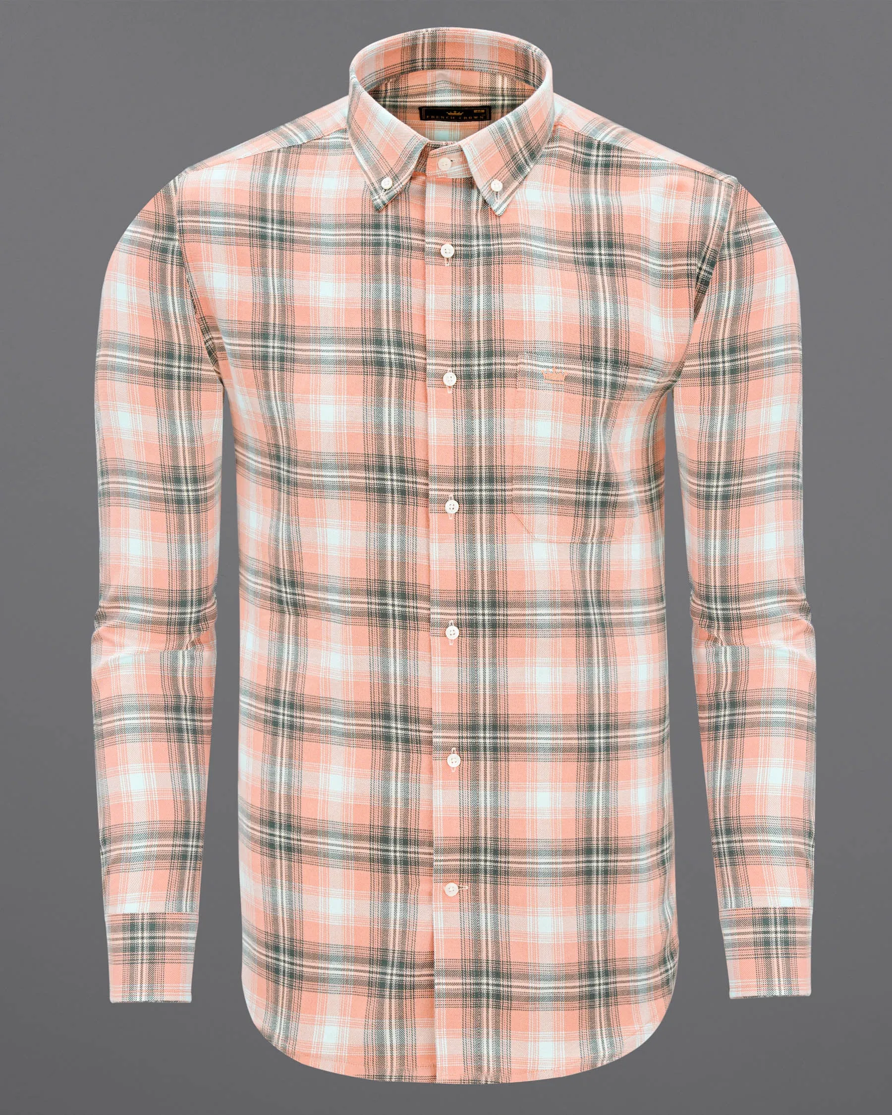 Melon Pink with Concord Light Green Twill Plaid Premium Cotton Shirt sold by French Crown product image thumbnail 5