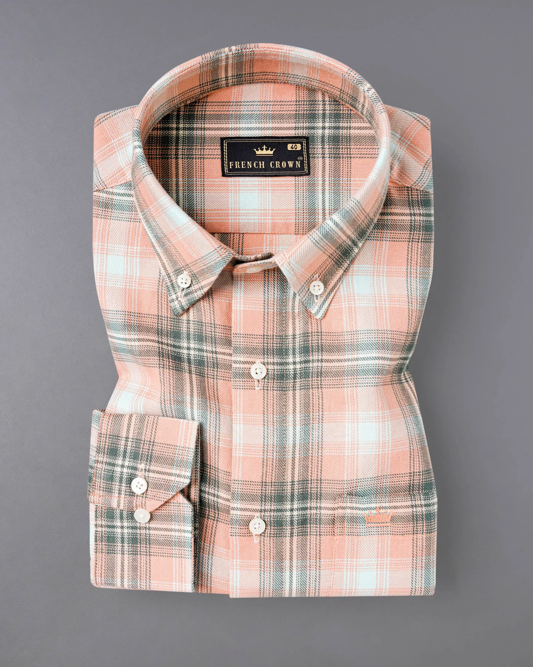 Melon Pink with Concord Light Green Twill Plaid Premium Cotton Shirt sold by French Crown product image thumbnail 3