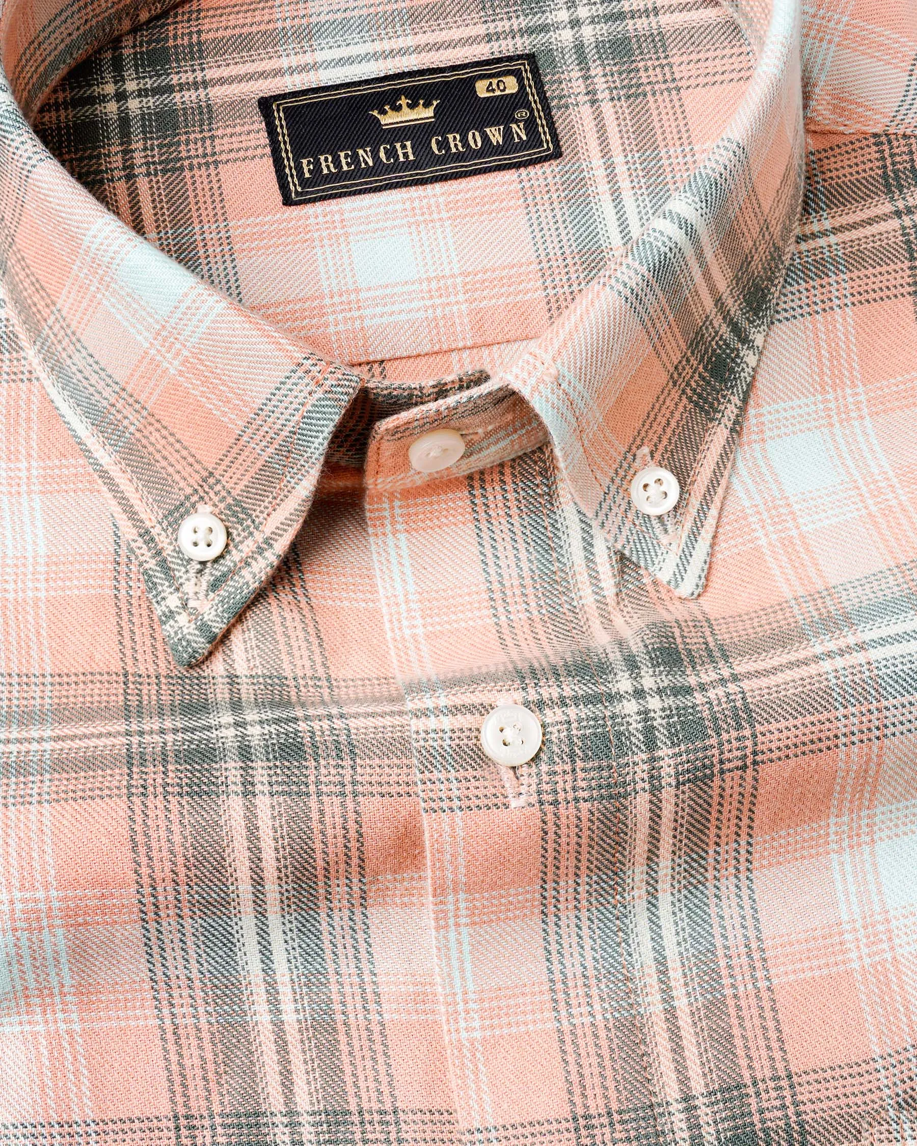 Melon Pink with Concord Light Green Twill Plaid Premium Cotton Shirt sold by French Crown