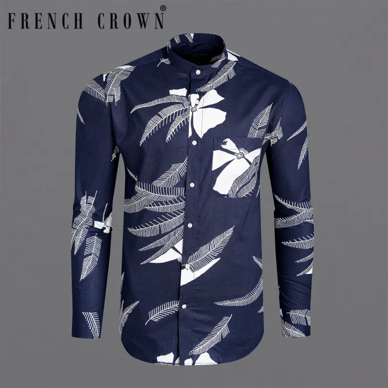 Martinique Blue with White Color Leaves Printed Premium Cotton Shirt sold by French Crown