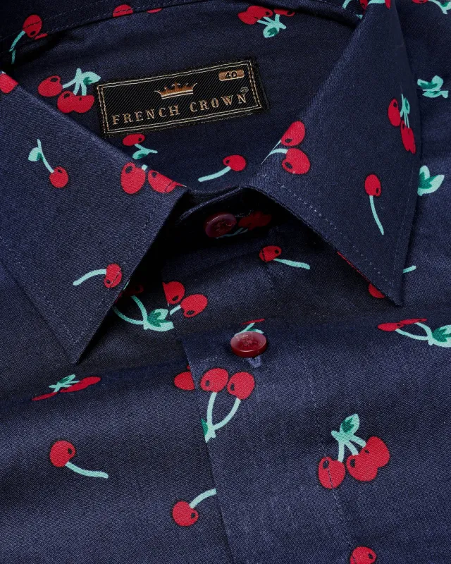 Licorice Blue Cherries Printed Premium Cotton Shirt sold by French Crown
