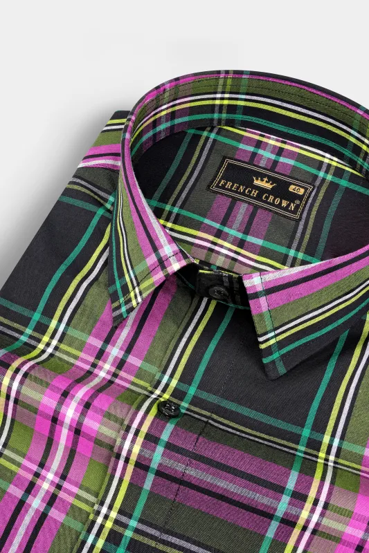 Jade Black with Hibiscus Pink Plaid Premium Cotton Shirt sold by French Crown