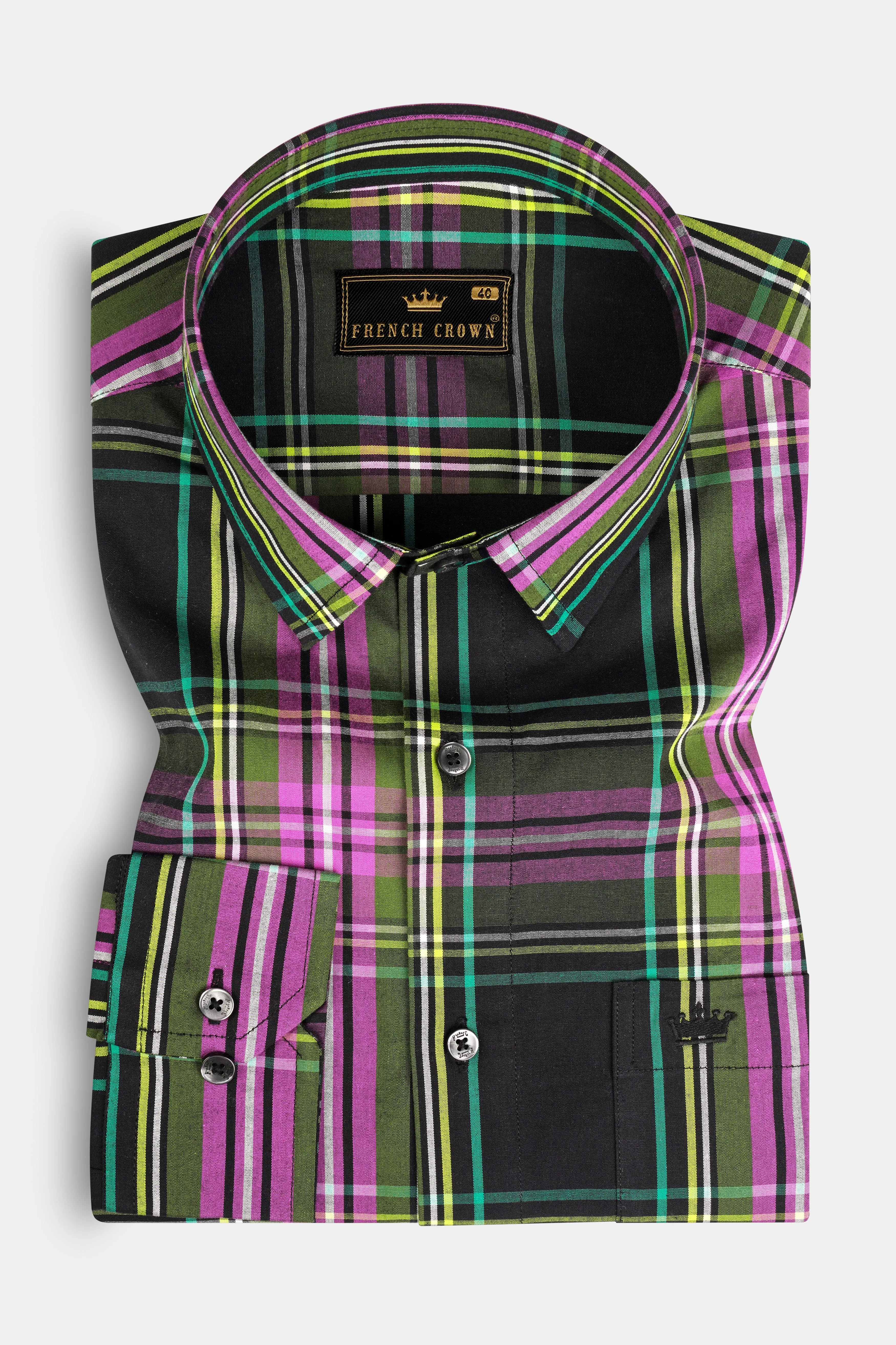 Jade Black with Hibiscus Pink Plaid Premium Cotton Shirt sold by French Crown product image thumbnail 3