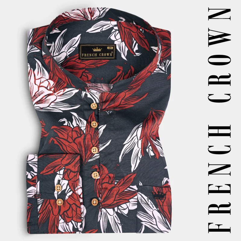 Iridium Gray Premium Cotton Kurta Shirt With Floral Printins sold by French Crown