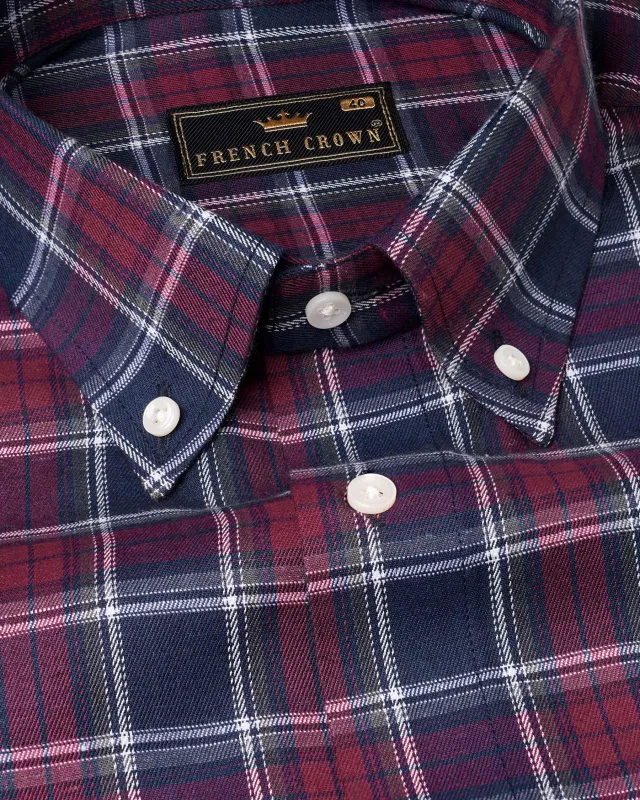 Gunmetal Blue and Claret Red Twill Plaid Premium Cotton Shirt sold by French Crown