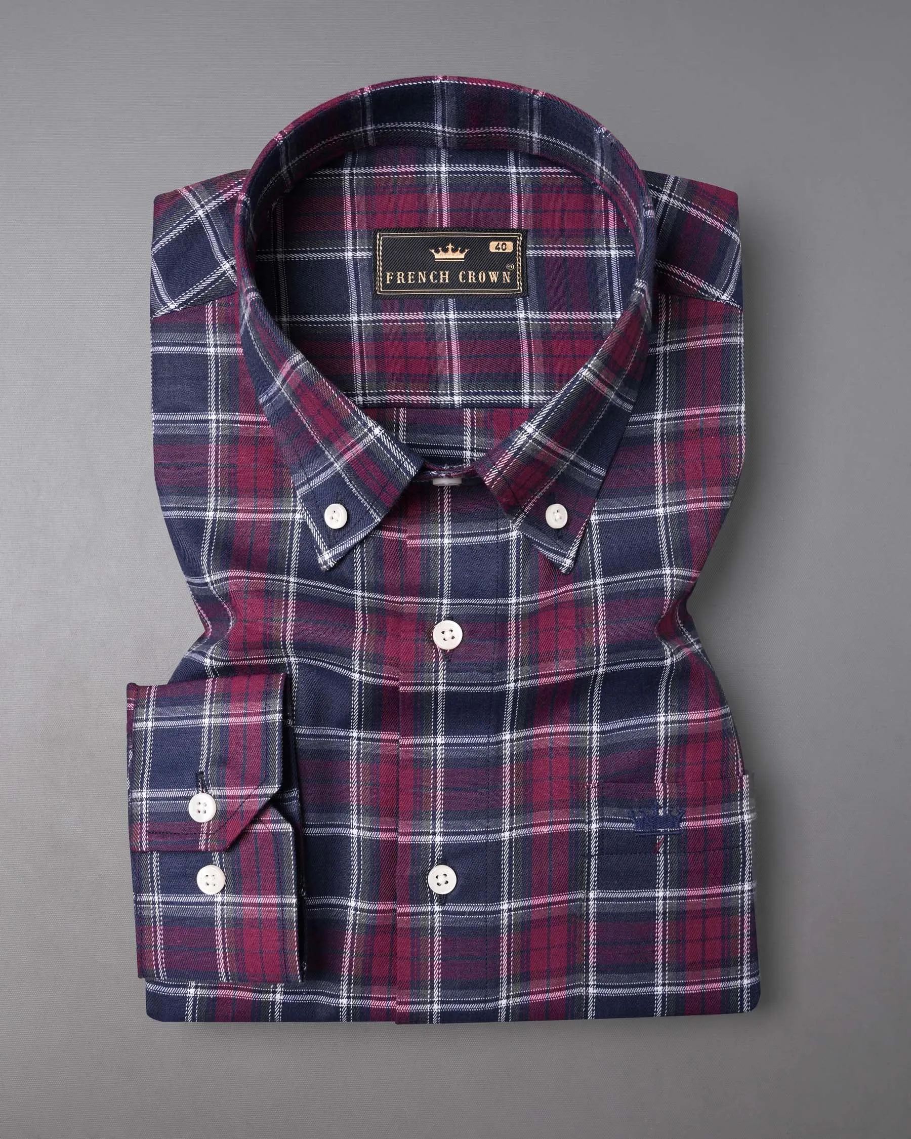 Gunmetal Blue and Claret Red Twill Plaid Premium Cotton Shirt sold by French Crown product image thumbnail 3