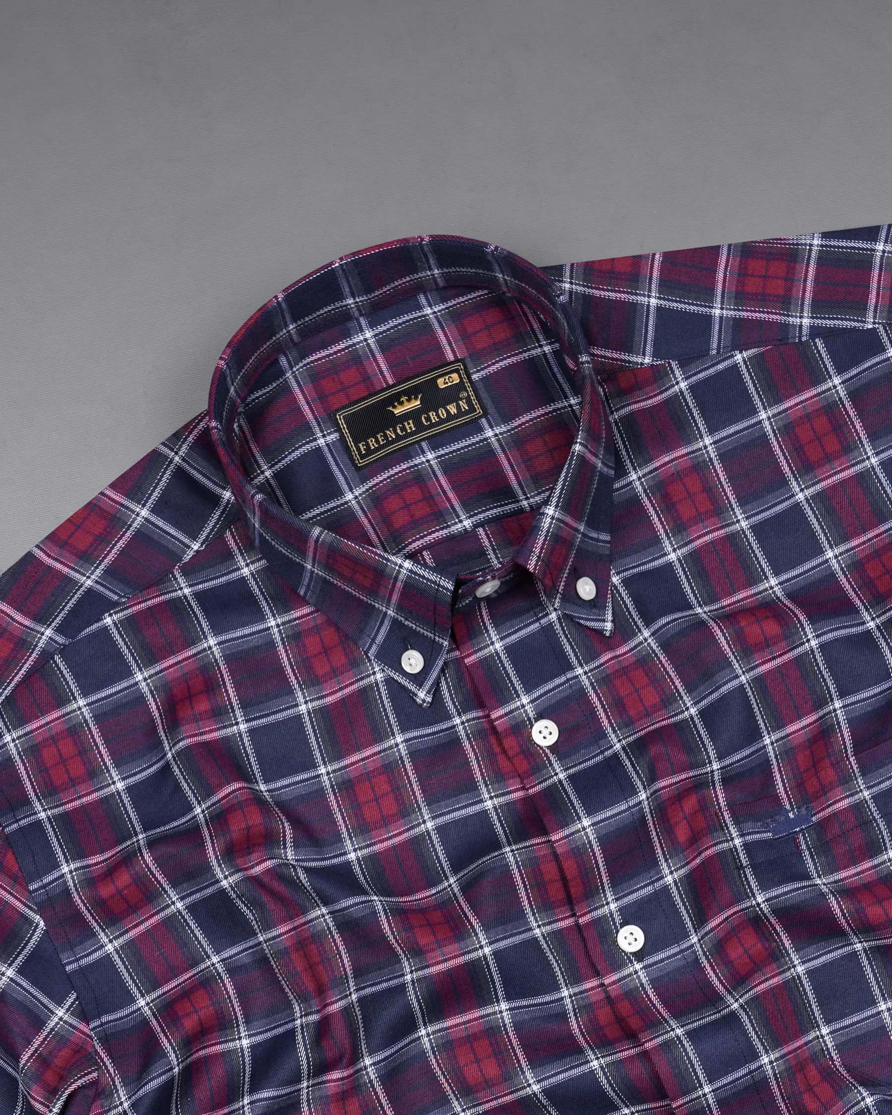 Gunmetal Blue and Claret Red Twill Plaid Premium Cotton Shirt sold by French Crown product image thumbnail 4