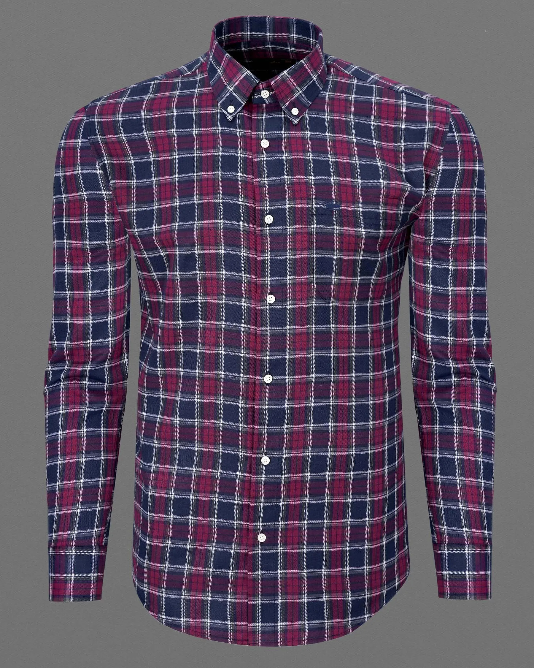 Gunmetal Blue and Claret Red Twill Plaid Premium Cotton Shirt sold by French Crown product image thumbnail 5