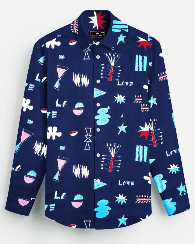 Fiord Blue with Multicolor Printed Premium Cotton Shirt sold by French Crown