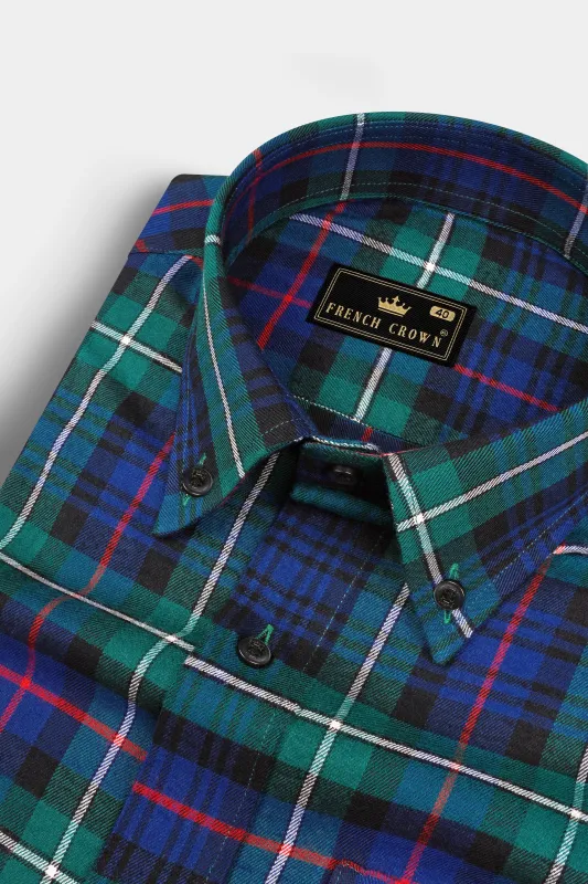 Eucalyptus Green with Chambray Blue Twill Plaid Premium Cotton Shirt sold by French Crown
