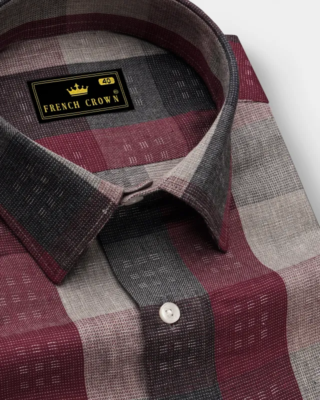 Copper Rust Red and Gainsboro Gray Plaid Dobby Textured Premium Giza Cotton Shirt sold by French Crown