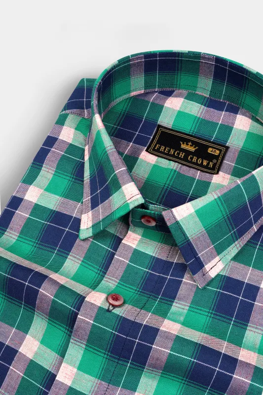 Chambray Blue and Topaz Green Plaid Royal Oxford Shirt sold by French Crown