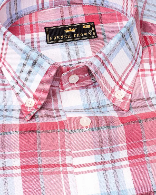 Cabaret Pink and Perano Blue Twill Plaid Premium Cotton Shirt sold by French Crown