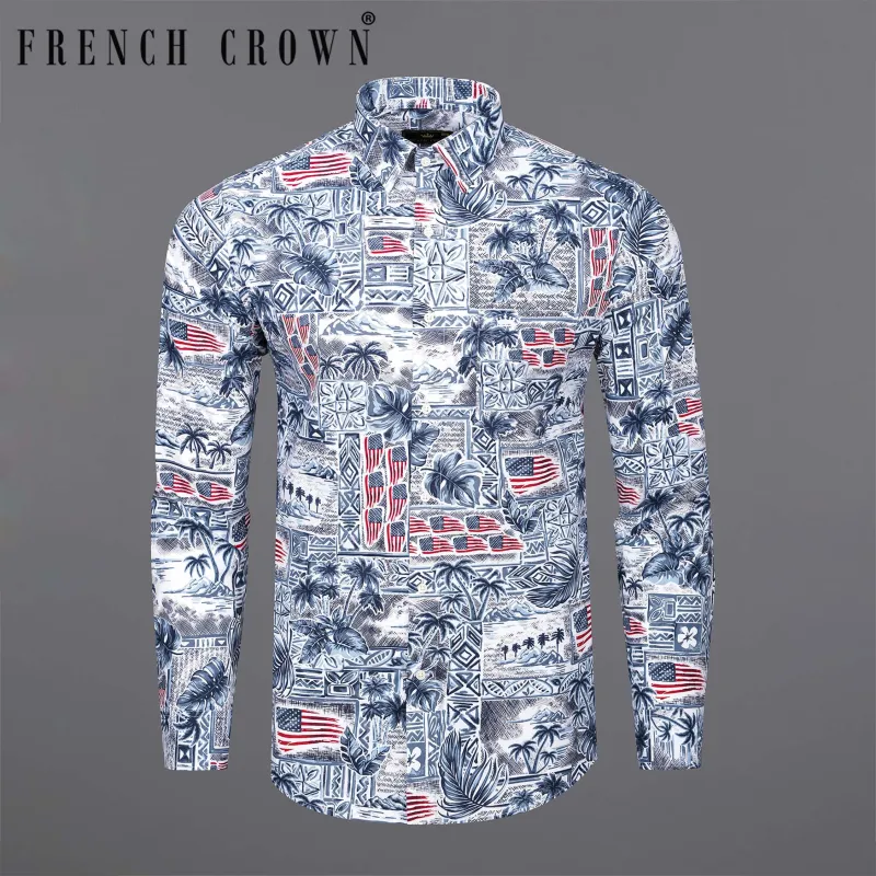 Bunting Blue and Spindle Blue Tropical Printed with American Flag Premium Cotton Shirt sold by French Crown
