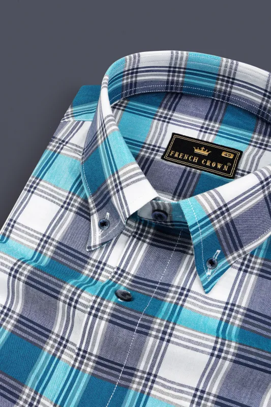 Bright White with Orient and Cloud Burst Blue Plaid Premium Cotton Shirt sold by French Crown