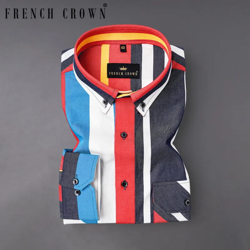 Bright White with Gun Powder Multicolour Striped Chambray Shirt sold by French Crown