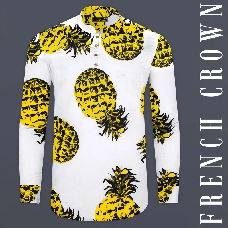 Bright White Premium Cotton Kurta Shirt with Pineapple Prints sold by French Crown