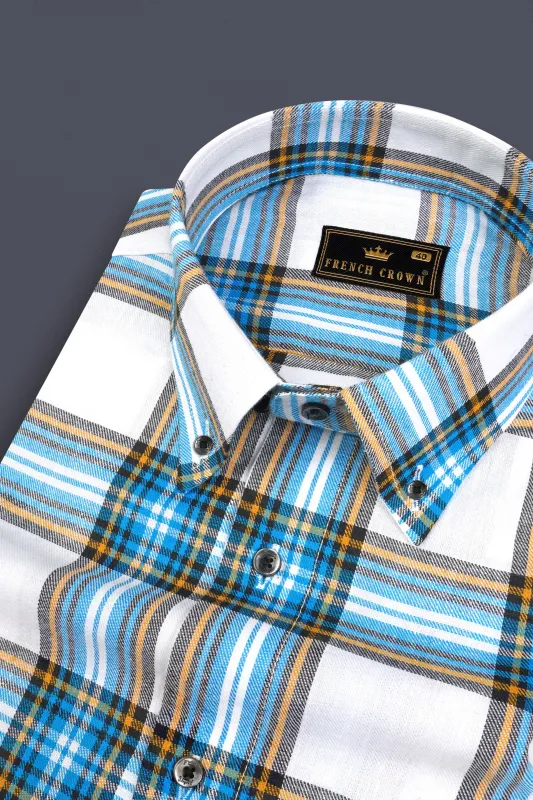 Bright White and Celestial Blue Twill Plaid Premium Cotton Shirt sold by French Crown