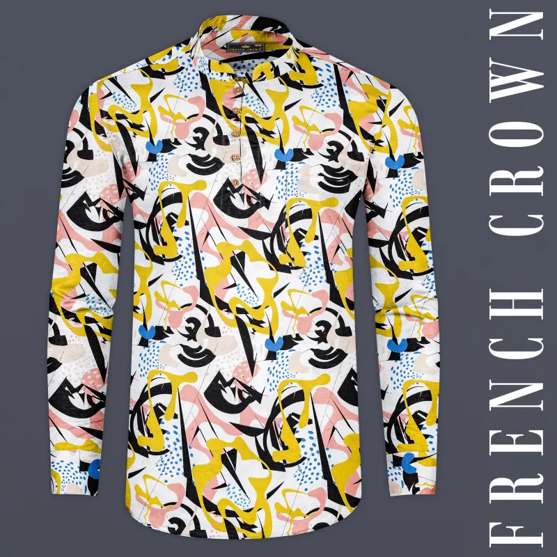 White Multicolour Quirky Printed Premium Cotton Kurta Shirt sold by French Crown