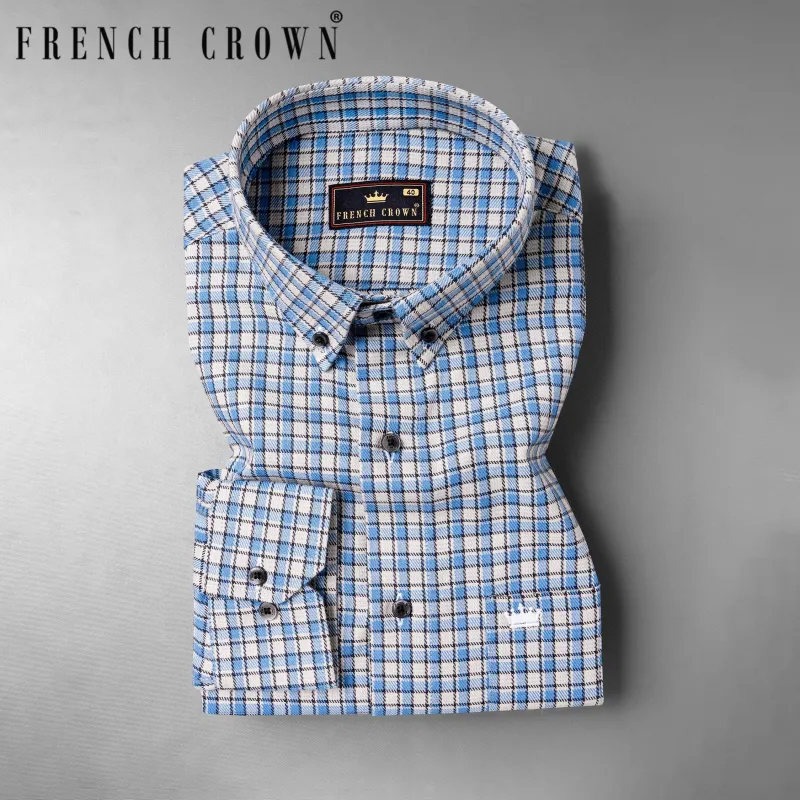 White and Danube Blue Checkered Heavyweight Premium Cotton OverShirt sold by French Crown