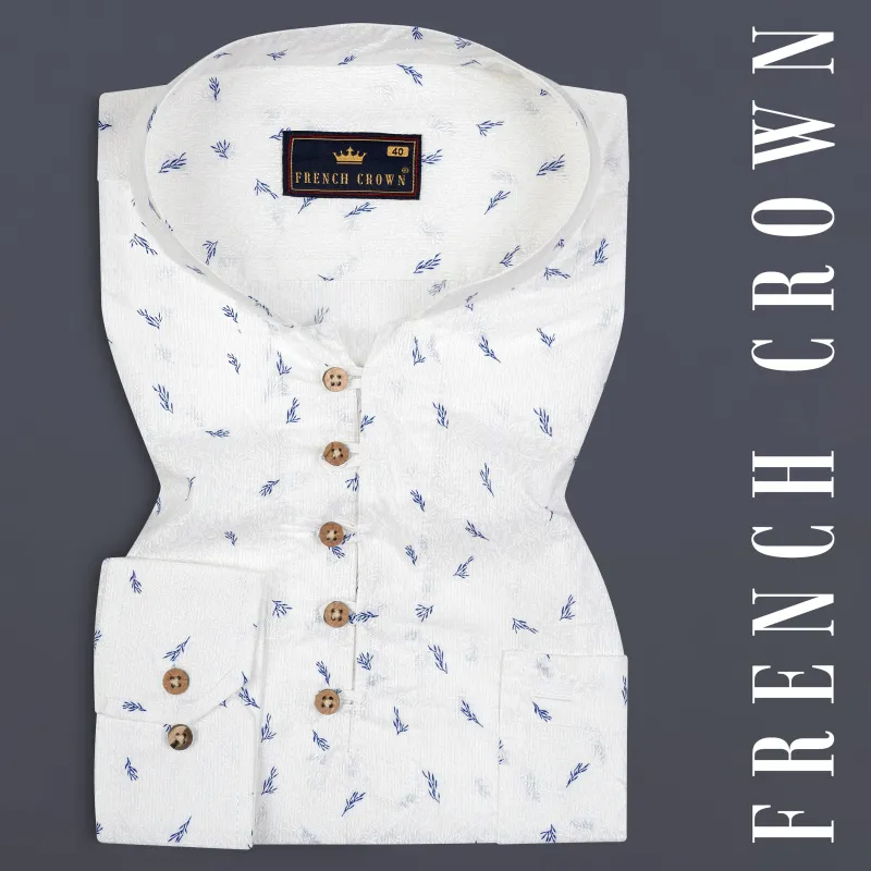 White and Chambray Blue Leaf Print Premium Cotton Kurta Shirt sold by French Crown