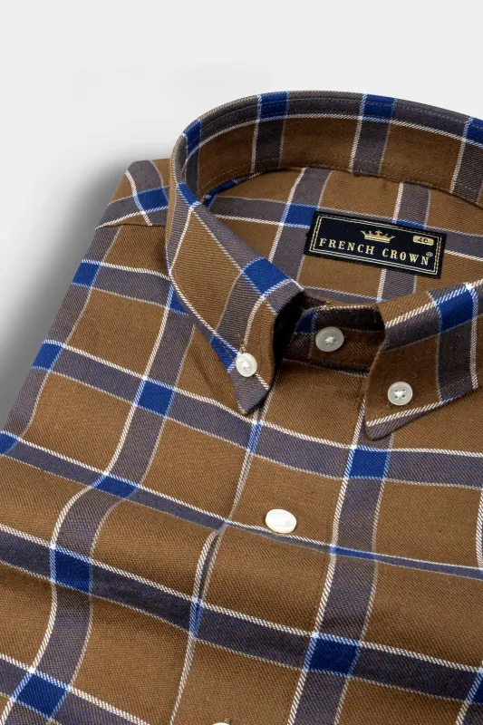 Sapphire Blue and Cape Palliser brown Twill Windowpane Premium Cotton Shirt sold by French Crown