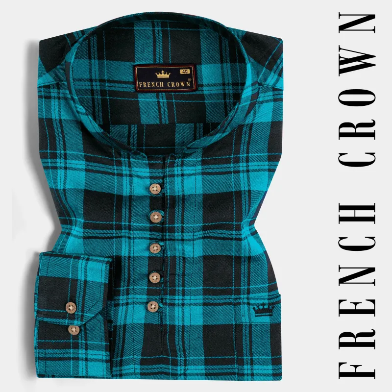Robin Egg Blue With Jade Black Twill Checkered Premium Cotton Kurta Shirt sold by French Crown