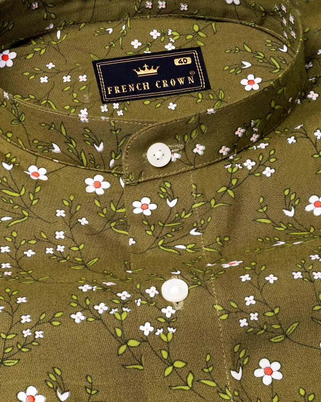 Pesto Green Floral Printed Premium Tencel Shirt sold by French Crown