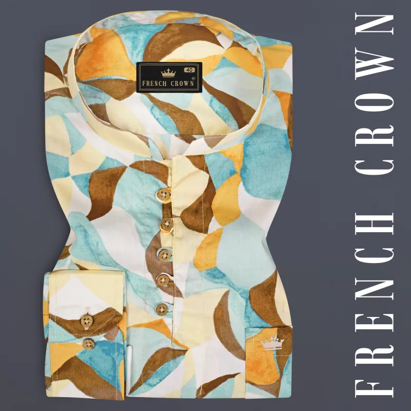 Nebula Blue with Bright White Printed Premium Cotton Kurta Shirt sold by French Crown