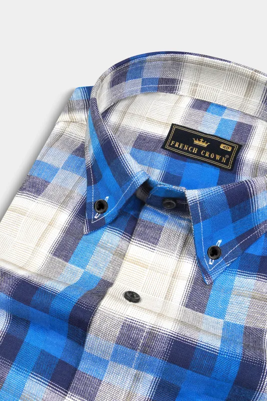 Mariner Blue and Pavlova Beige Twill Plaid Textured Premium Cotton Shirt sold by French Crown