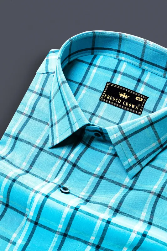 Jellyfish Blue with white Checkered Premium Cotton Shirt sold by French Crown