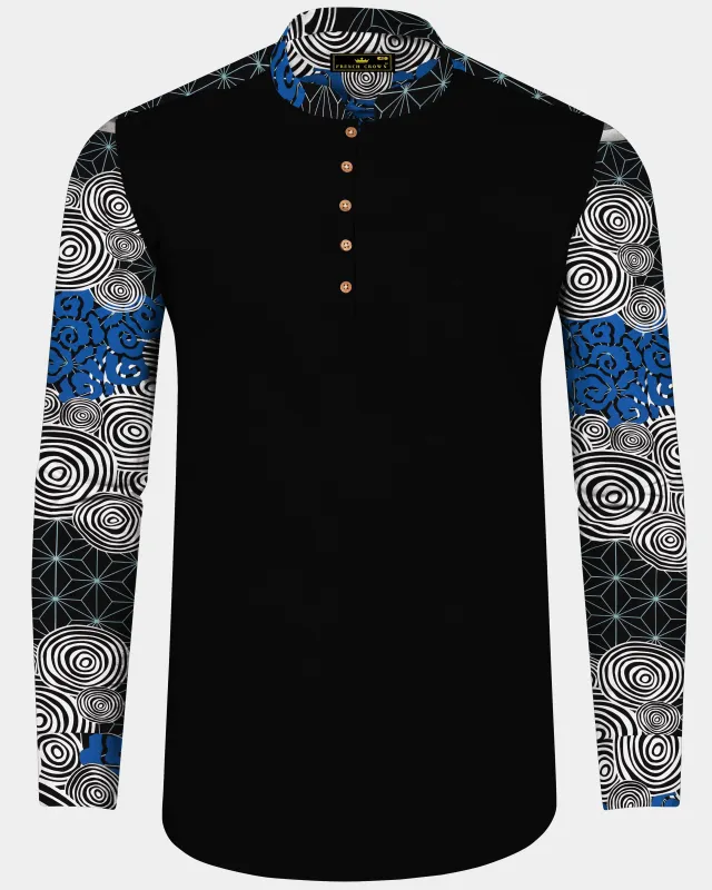 Jade Black with Galactic Printed sleeves and Collar Premium Cotton Kurta Shirt sold by French Crown