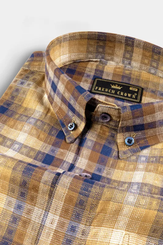 Ironstone Brown and Rhino Blue Plaid Twill Textured Premium Cotton Shirt sold by French Crown