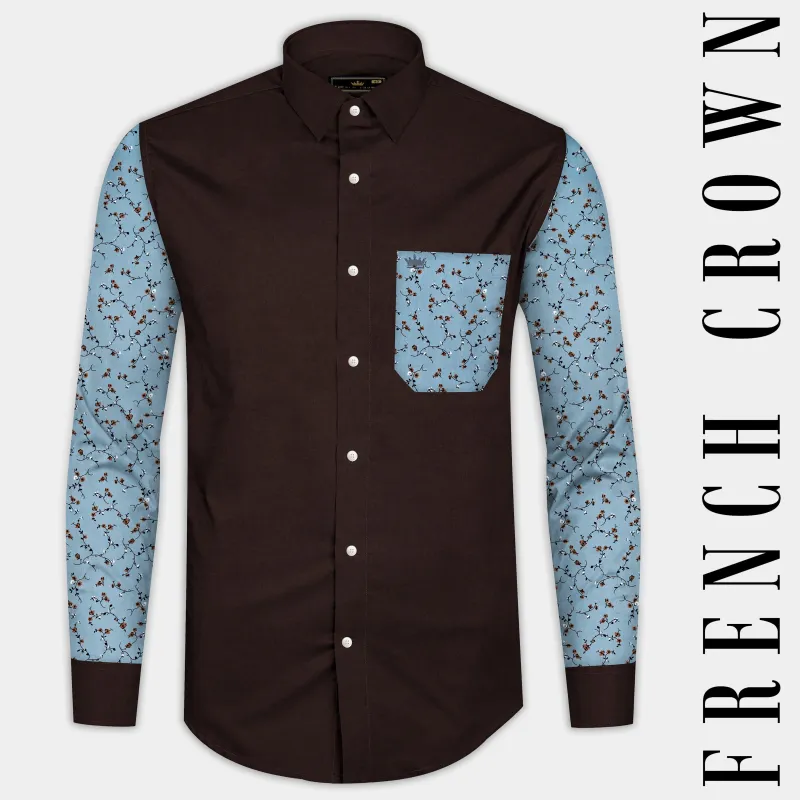 Iroko Brown with Spindle Blue Floral Printed Super Soft Premium Cotton Designer Shirt sold by French Crown