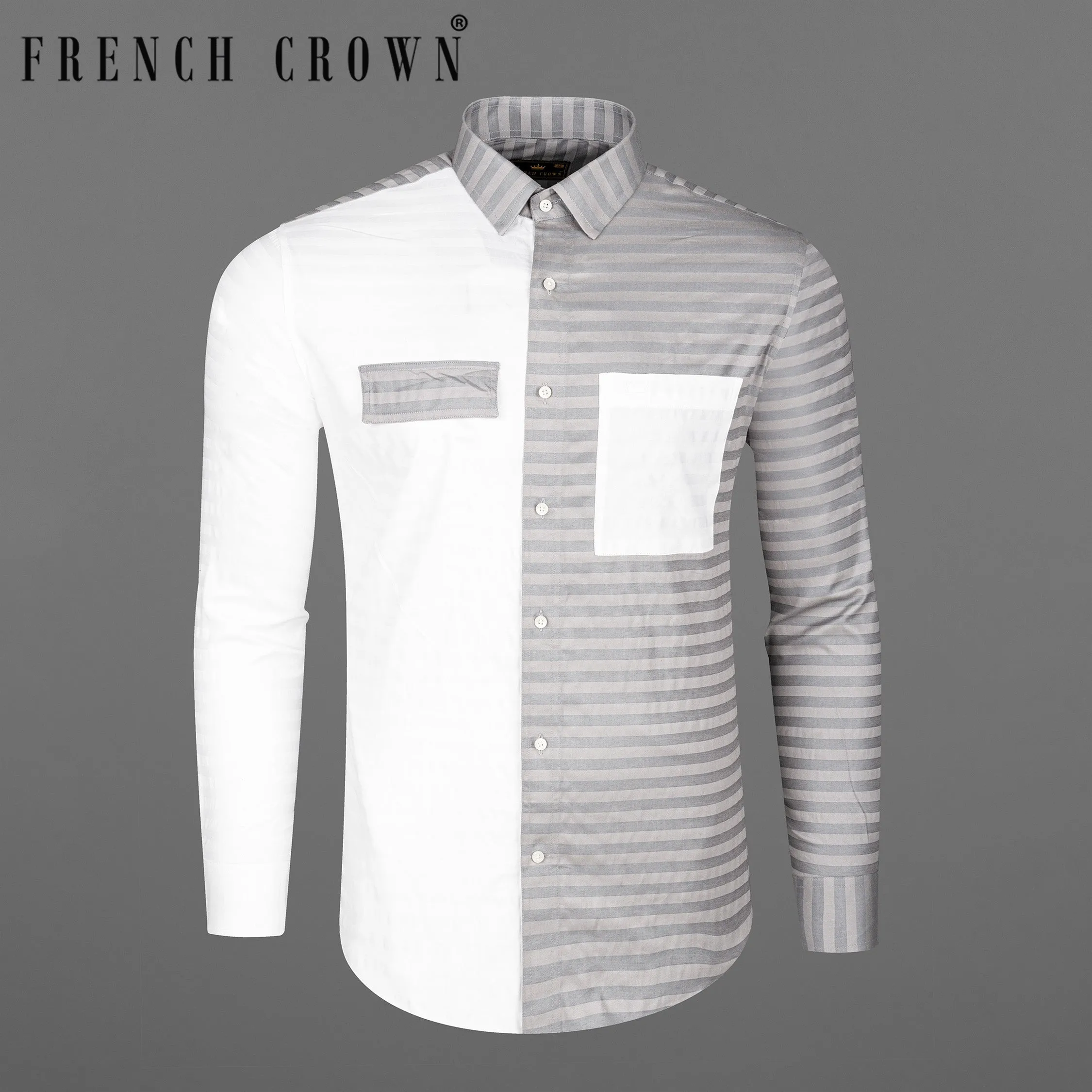 Half White and Half Grey Striped Twill Premium Cotton Designer Shirt sold by French Crown