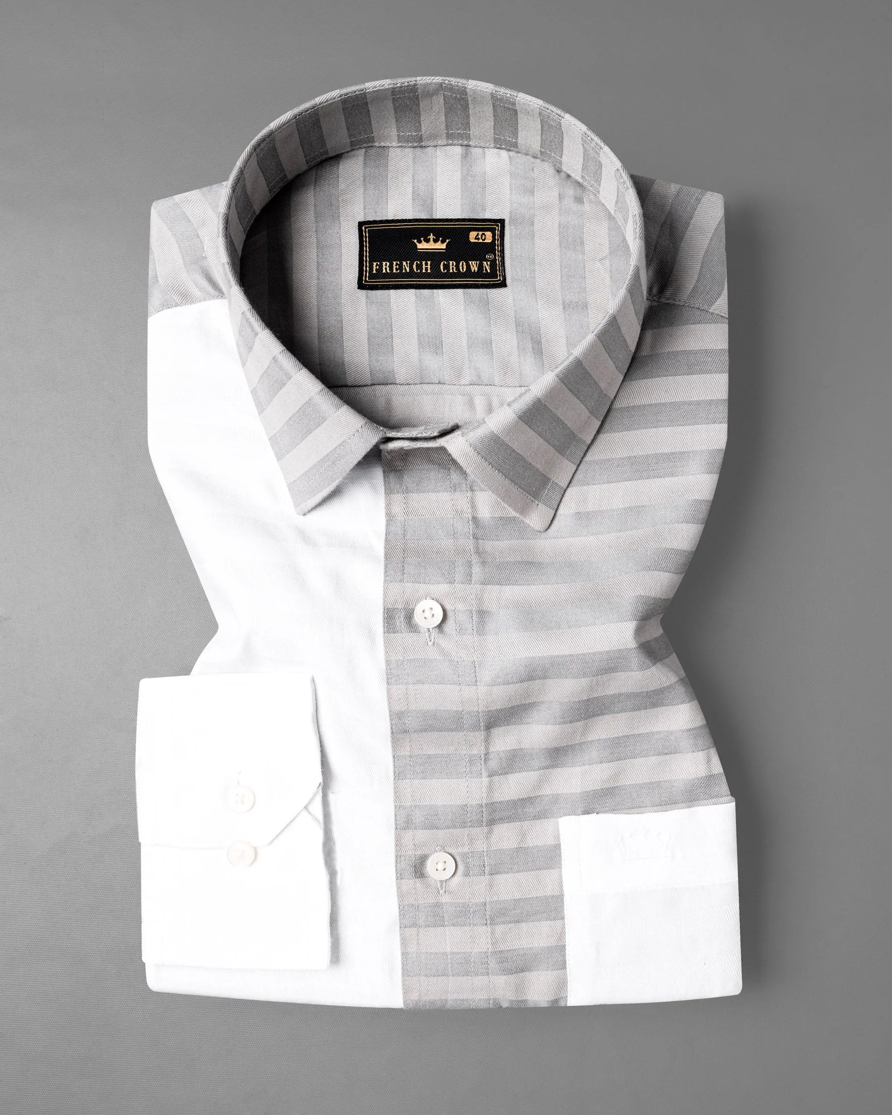 Half White and Half Grey Striped Twill Premium Cotton Designer Shirt sold by French Crown product image thumbnail 5