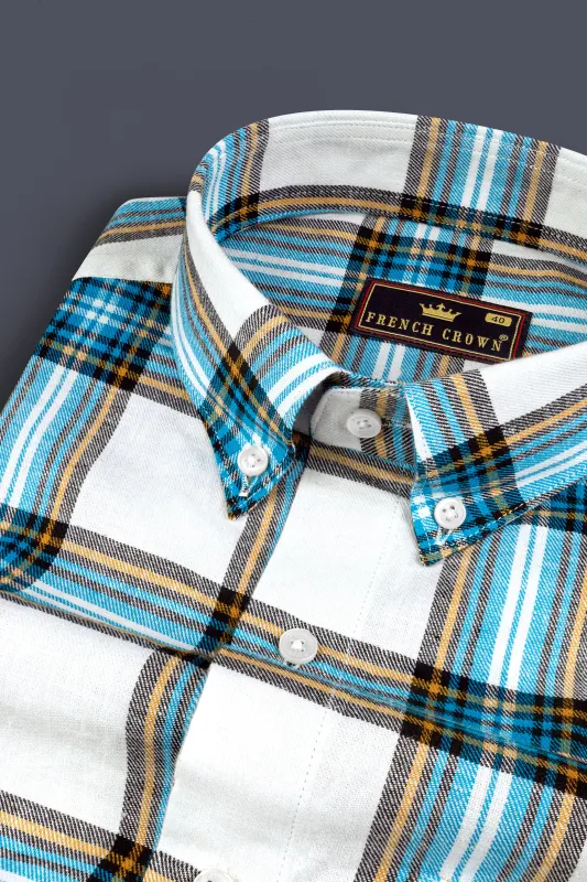 Eastern Blue and White Twill Plaid Premium Cotton Shirt sold by French Crown