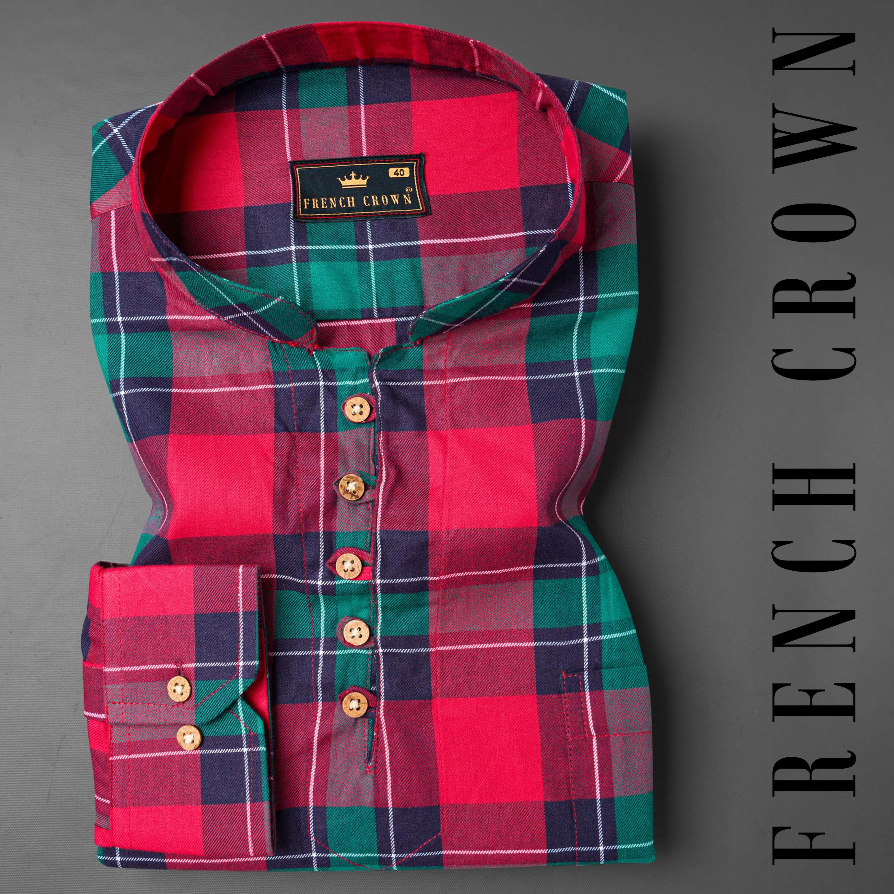 Dark Cyan Green with Rich Maroon Twill Checkered Premium Cotton Kurta Shirt sold by French Crown