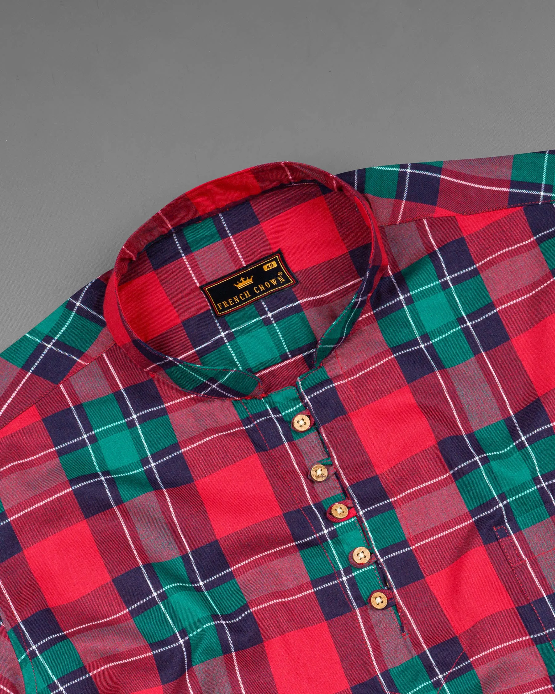 Dark Cyan Green with Rich Maroon Twill Checkered Premium Cotton Kurta Shirt sold by French Crown product image thumbnail 4