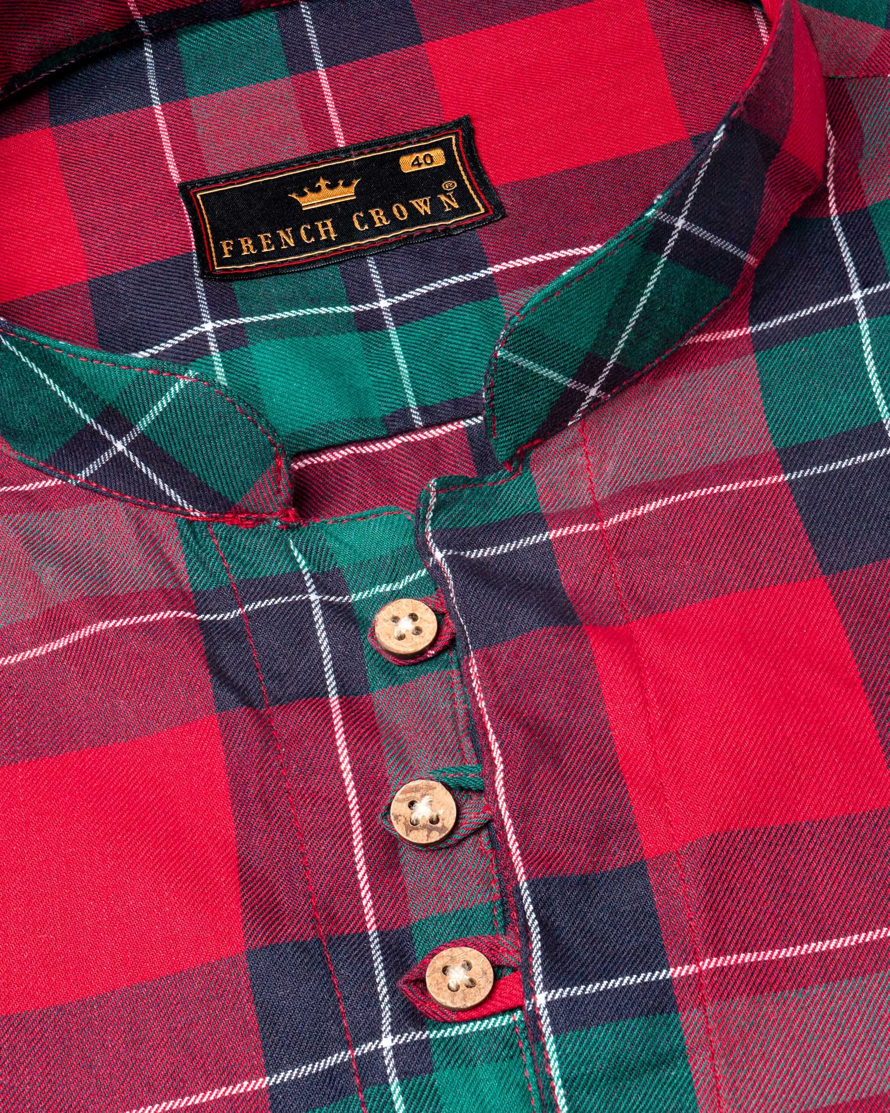 Dark Cyan Green with Rich Maroon Twill Checkered Premium Cotton Kurta Shirt sold by French Crown product image thumbnail 5