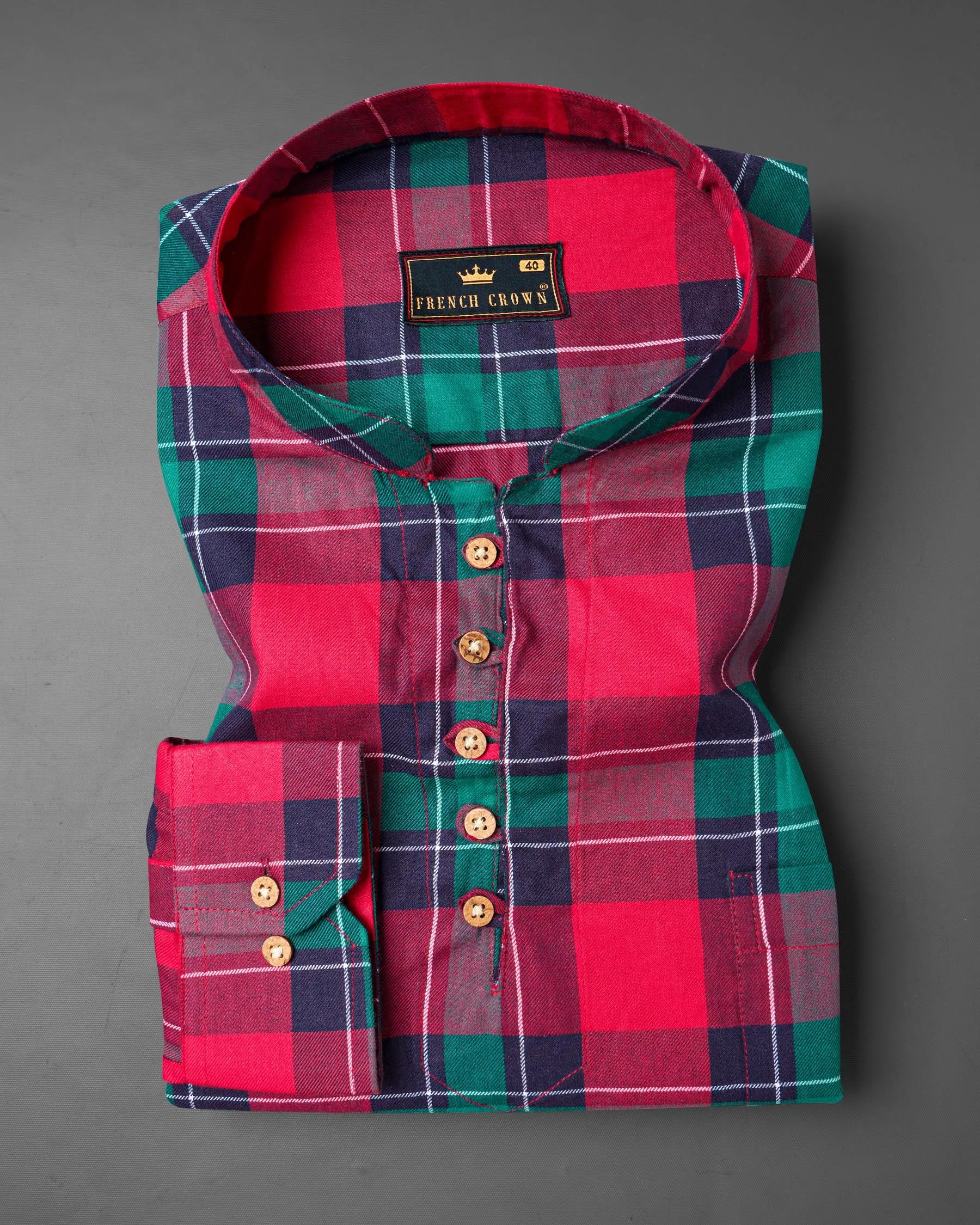 Dark Cyan Green with Rich Maroon Twill Checkered Premium Cotton Kurta Shirt sold by French Crown product image thumbnail 2