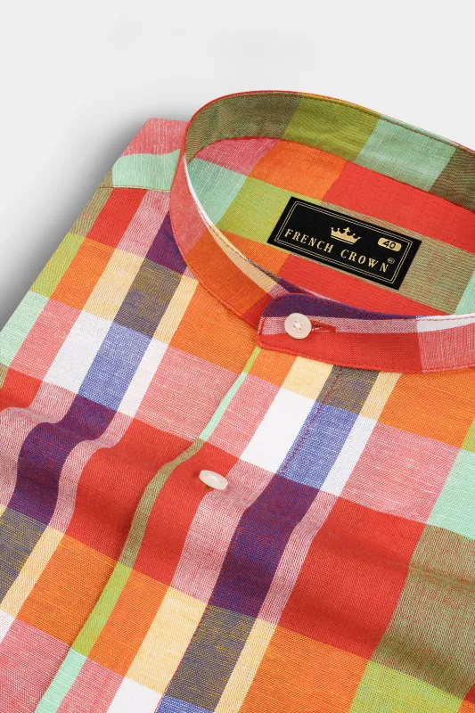 Carnation with Caper Green and Comet Blue Luxurious Linen Shirt sold by French Crown