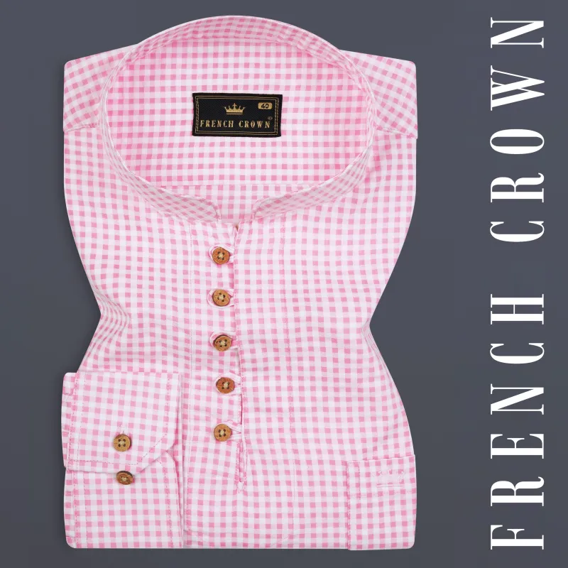 Carnation Pink Checked Seersucker Giza Cotton Kurta Shirt sold by French Crown