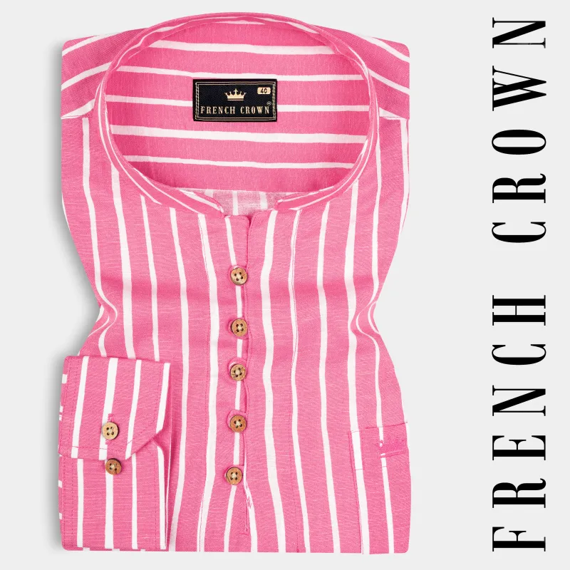 Brink Pink with White Striped Premium Tencel Kurta Shirt sold by French Crown
