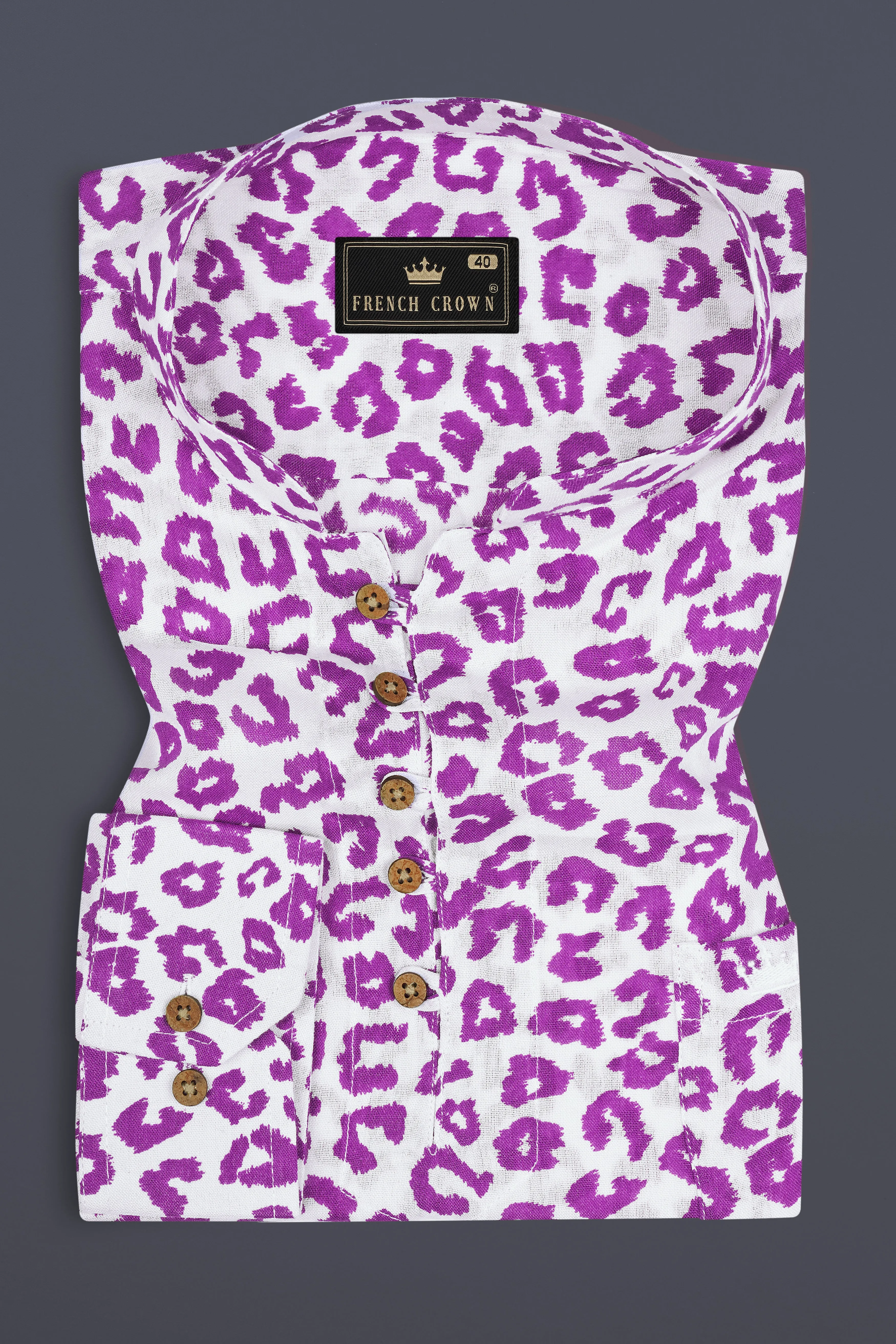 Bright White with Tapestry Pink Cheetah Print Lightweight Premium Tencel Kurta Shirt sold by French Crown product image thumbnail 2