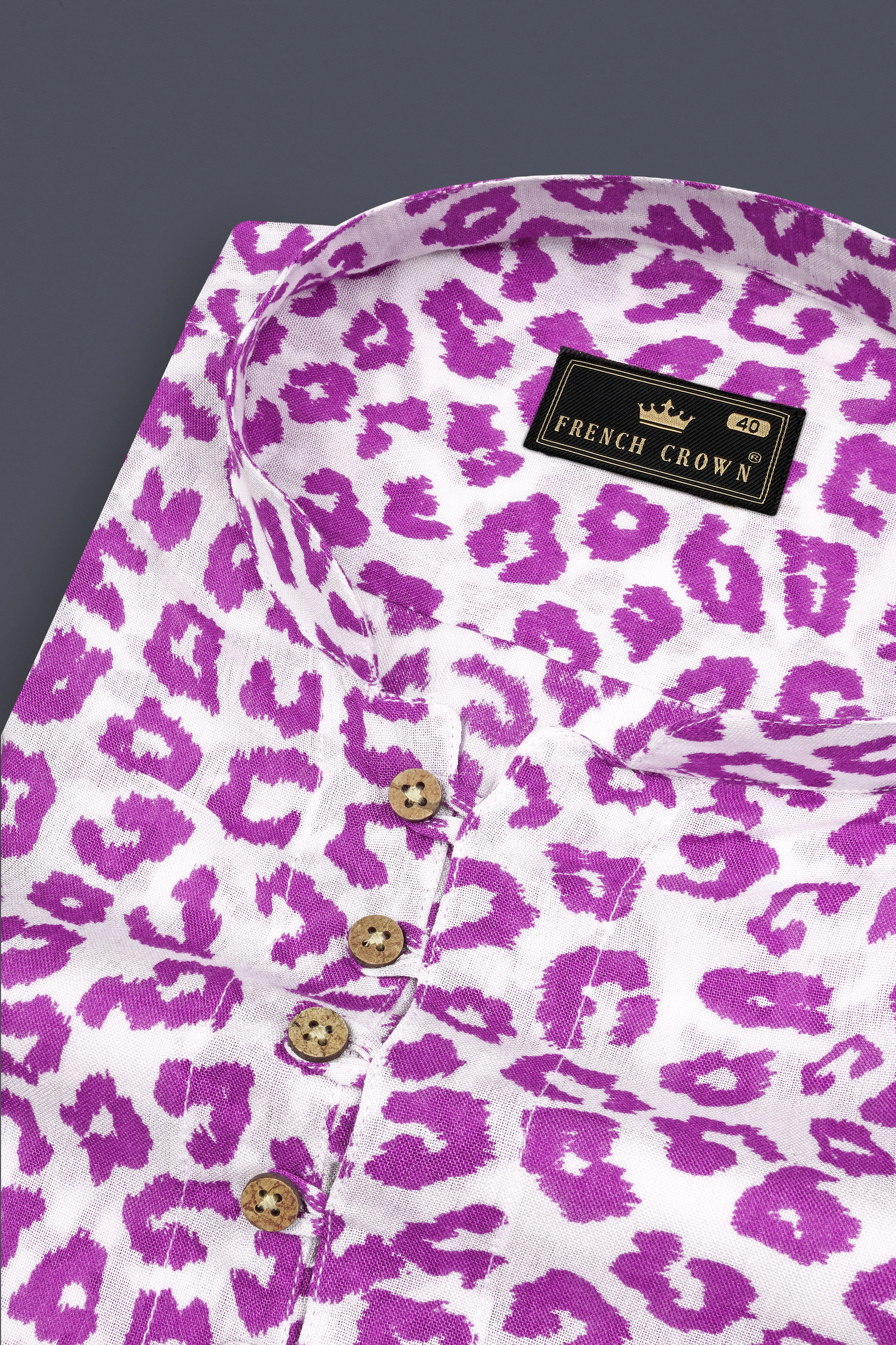 Bright White with Tapestry Pink Cheetah Print Lightweight Premium Tencel Kurta Shirt sold by French Crown product image thumbnail 4