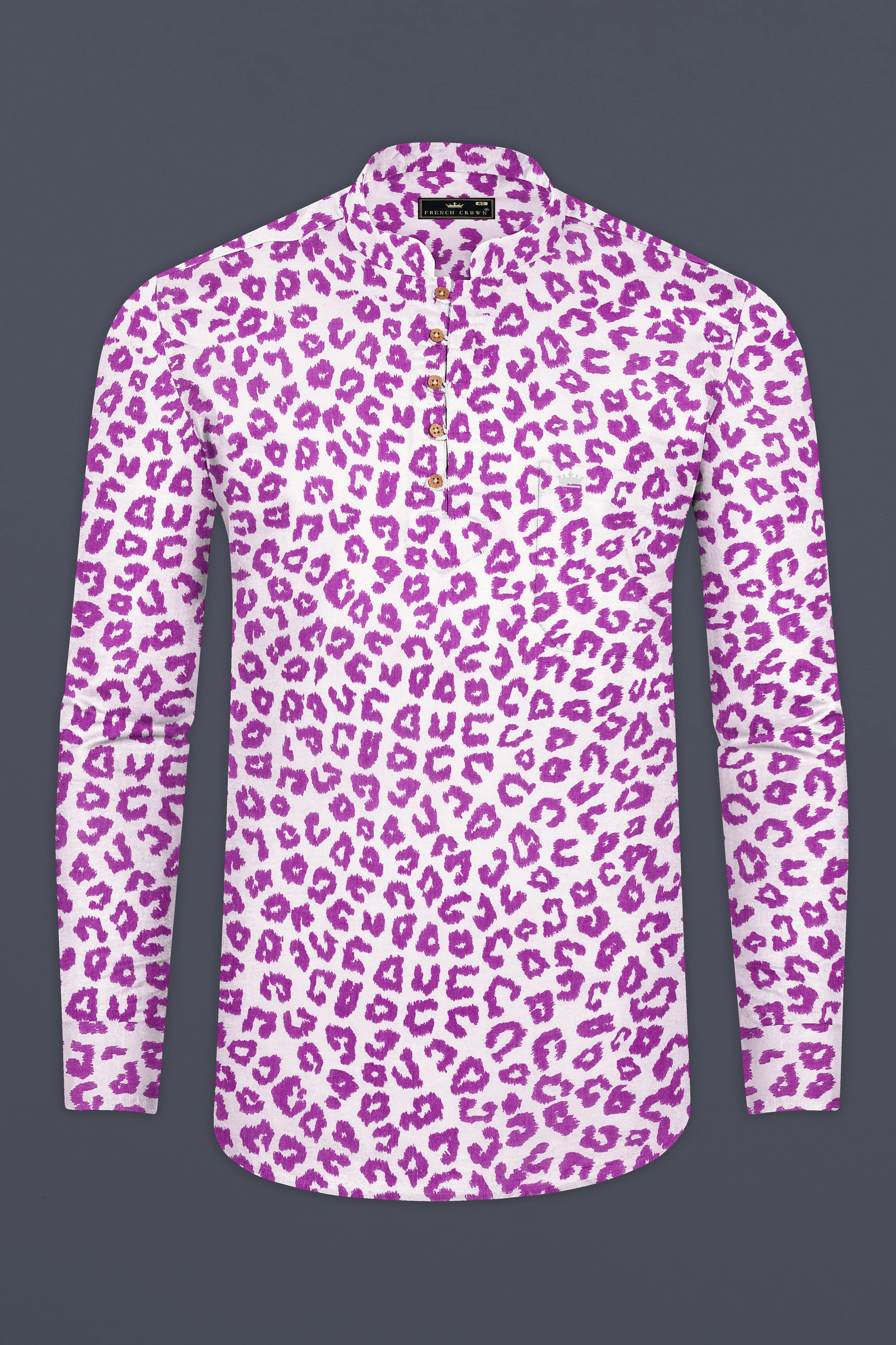 Bright White with Tapestry Pink Cheetah Print Lightweight Premium Tencel Kurta Shirt sold by French Crown product image thumbnail 5