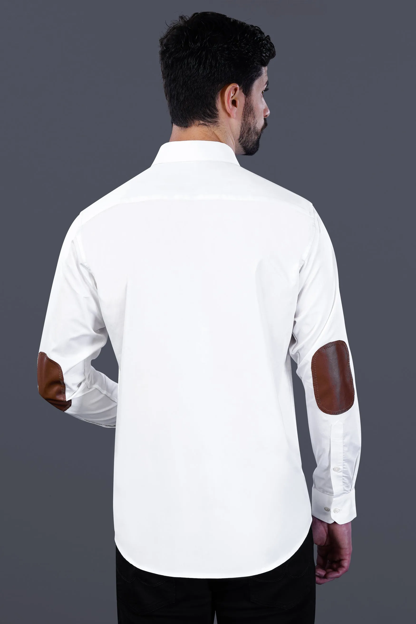Bright White Subtle Sheen with leather elbow patch Super Soft Premium Cotton Shirt sold by French Crown product image thumbnail 2