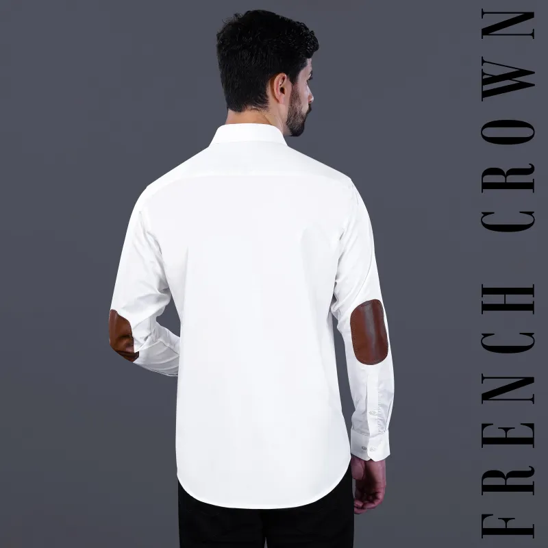 Bright White Subtle Sheen with leather elbow patch Super Soft Premium Cotton Shirt sold by French Crown